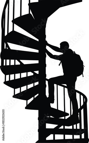 Man with Backpack Climbing Spiral Staircase Black Silhouette Vector Graphic