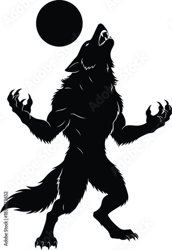 Ferocious Werewolf Silhouette Vector Howling at the Black Moon Fantasy Horror Illustration