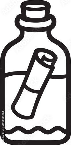 An elegant line drawing of a message in a bottle with a captivating note sealed inside, ready to embark on a journey.