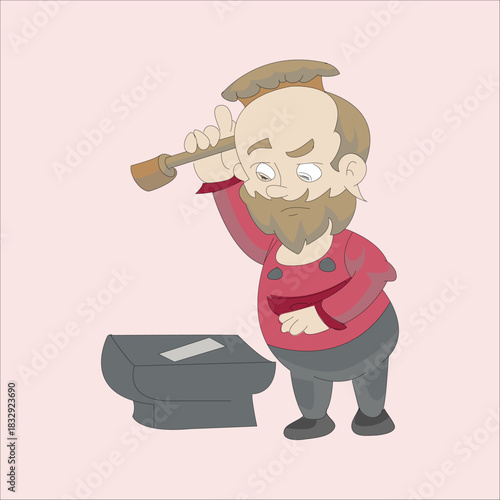 Vector illustration of a old man working hard, hitting metal on an anvil with a hammer to forge an item. Isolated on a light background