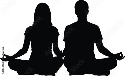 Man and woman meditating in lotus position silhouette vector graphic wellness and yoga illustration