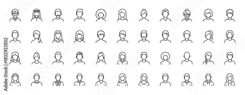 People and avatar outline icon set. Vector pictograms of diverse male and female user profiles, minimal linear illustration.