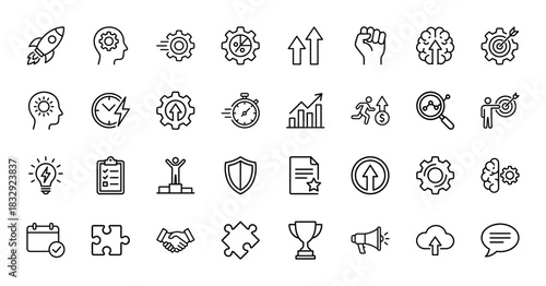 Business and strategy line icon set. Vector pictograms of settings, growth, target, idea, and rocket, thin linear illustration.