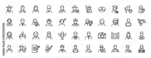 People and occupations line icon set. Vector pictograms of construction worker, chef, doctor, pilot, and artist, thin linear illustration.