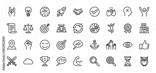 Business and success line icon set. Vector pictograms of handshake, trophy, lightbulb, and target, thin linear illustration.