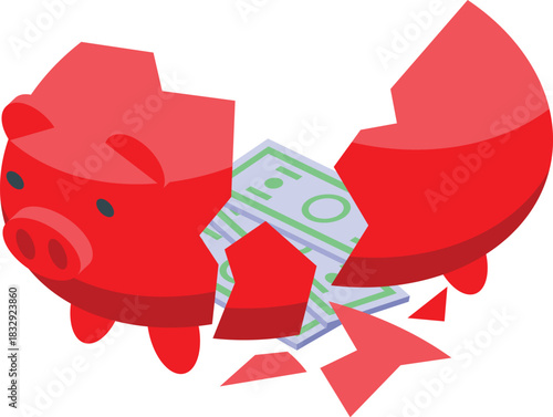 Broken piggy bank revealing dollar bills, representing bankruptcy, financial crisis, and economic hardship