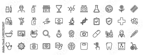 Medical and healthcare line icon set. Vector pictograms of syringe, pill, stethoscope, dna, pharmacy, and microscope, thin linear illustration.