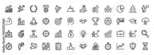 Business and success line icon set. Vector pictograms of growth, career, achievement, goal, and strategy, thin linear illustration.