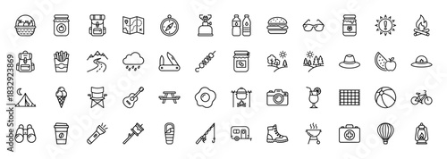 Outdoor adventure and camping line icon set. Vector pictograms of backpack, tent, campfire, binoculars, fishing rod, and sleeping bag, thin linear illustration.