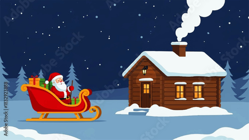 Vector illustration of Santa Claus in his sleigh arriving at a cozy snow-covered wooden cabin on a starry Christmas Eve night