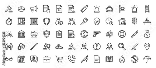 Law and justice line icon set. Vector pictograms of police car, gavel, handcuffs, badge, and security, thin linear illustration.