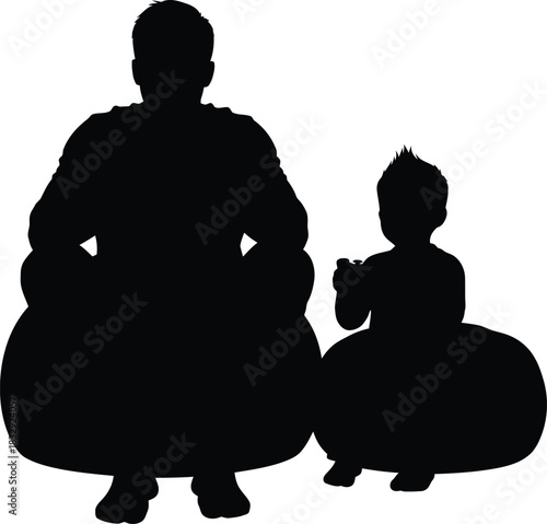 Father and Son Silhouette Sitting Together Vector Illustration Black and White