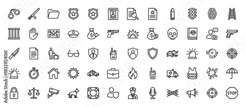 Law enforcement and police line icon set. Vector pictograms of handcuffs, gun, siren, badge, and wanted poster, thin linear illustration.