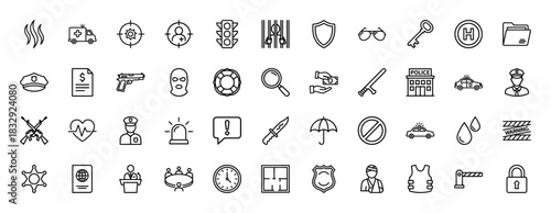 Law and order line icon set. Vector pictograms of police car, shield, handcuffs, and badge, thin linear illustration.