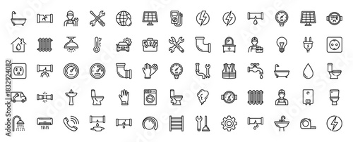 Home services line icon set. Vector pictograms of plumber, electrician, solar panel, wrench, car, and pipe, thin linear illustration.