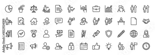 Business and management line icon set. Vector pictograms of career growth, finance, law, security, and planning, thin linear illustration.