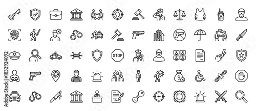Law and justice line icon set. Vector pictograms of police officer, handcuffs, gavel, key, and shield, thin linear illustration.
