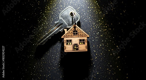 Fototapeta Naklejka Na Ścianę i Meble -  Small wooden house model illuminated by spotlight on dark asphalt road at night