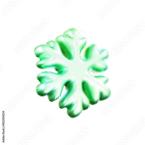 Green halftone snowflake with dotted texture in retro comic style. Neon winter grainy gradient snowflake isolated on white background. For Christmas, New Year design, UI, card, poster. 3D vector icon