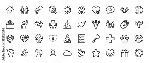 Charity and spirituality line icon set. Vector pictograms of heart, church, angel, brain, donation, and relationships, thin linear illustration.