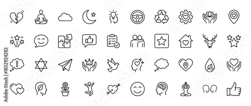 Wellness and spirituality line icon set. Vector pictograms of heart, brain, meditation, peace, and positive thinking, thin linear illustration.