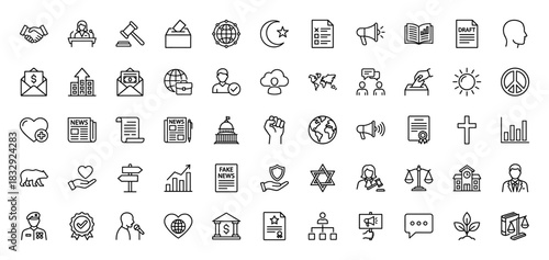 Politics, government, and law line icon set. Vector pictograms of voting, peace, justice, religion, and news, thin linear illustration.
