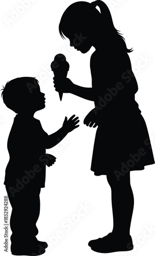 Children Sharing Ice Cream Cone Black Silhouette Vector Illustration of Sibling Interaction
