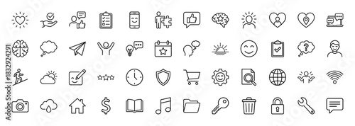 Business and social interaction line icon set. Vector pictograms of communication, planning, health, and achievement, thin linear illustration.