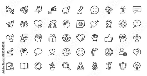 Mental health and well-being line icon set. Vector pictograms of brain, heart, mindfulness, peace, and positive feeling, thin linear illustration.