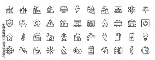 Energy and power line icon set. Vector pictograms of wind turbine, solar panel, oil rig, factory, and electric car, thin linear illustration.