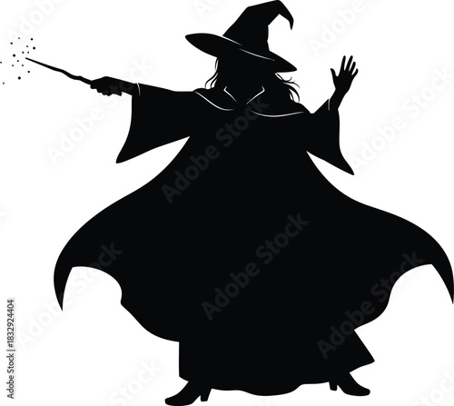 Black Silhouette of a Witch Casting Magic Spell with Wand