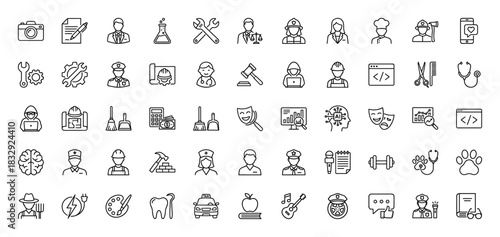 Occupation line icon set. Vector pictograms of doctor, firefighter, engineer, chef, and police officer, thin linear illustration.