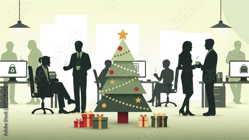 Silhouettes of business people celebrating Christmas at an office party with a decorated tree and presents, a festive corporate vector concept