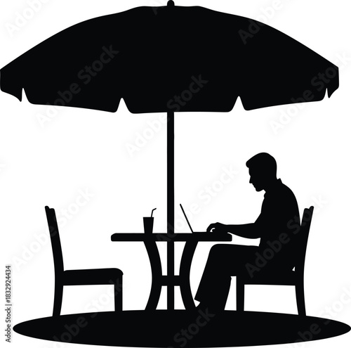 Black silhouette vector of man working on laptop at outdoor cafe table under umbrella