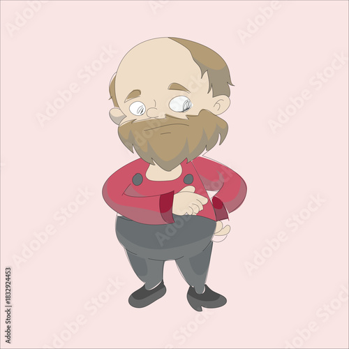 Cartoon vector illustration of an elderly man with a long brown beard and a red shirt, pointing his thumb at his own chest to indicate himself