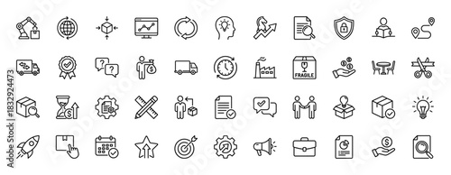 Logistics and supply chain line icon set. Vector pictograms of delivery truck, box, packaging, and factory, thin linear illustration.