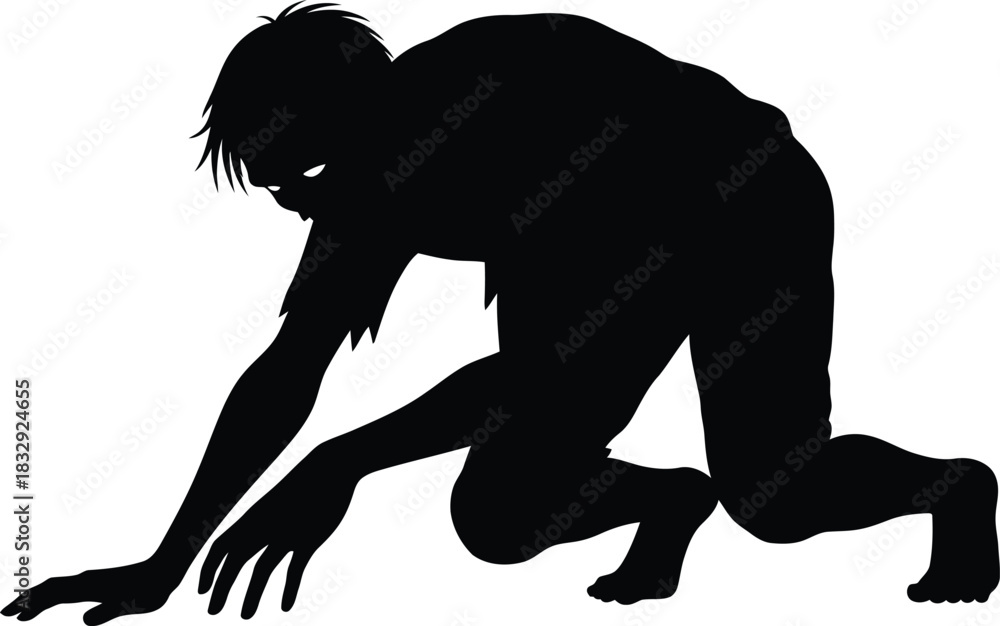 Fototapeta premium Crouching horror monster silhouette black and white vector graphic illustration