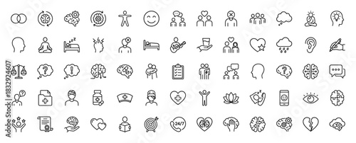 Mental health and psychology line icon set. vector pictograms of brain, heart, sleep, and emotional states, thin linear illustration.