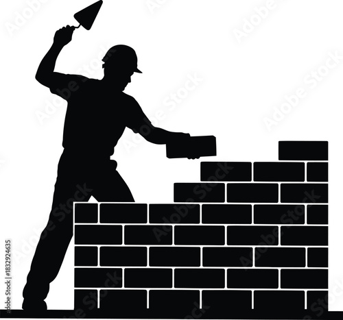 Bricklayer Building Wall Silhouette Vector Icon
