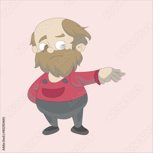 Cartoon vector illustration of an elderly man with a long brown beard and a red shirt, pointing his finger to the right side to show direction