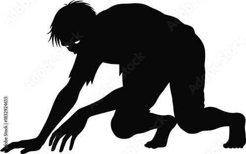 Crouching horror monster silhouette black and white vector graphic illustration