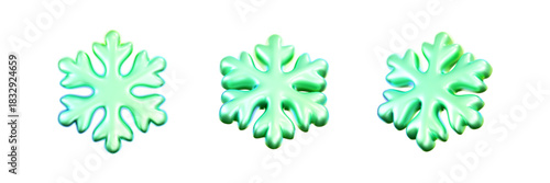 3D green neon snowflakes with a holographic liquid effect, isolated on a dark background. Glossy green glass winter snowflakes for Christmas and New Year decors, UI, card, posters. 3D vector icon