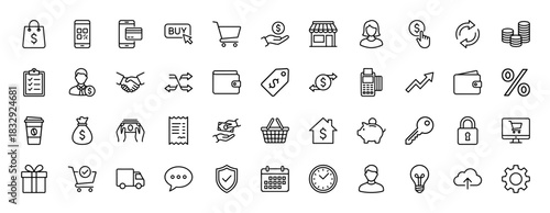 E-commerce and finance line icon set. Vector pictograms of shopping cart, wallet, money, mobile banking, and delivery, thin linear illustration.