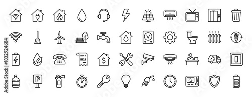 Smart home and utility line icon set. Vector pictograms of energy, water, security, garbage, and climate control, thin linear illustration.