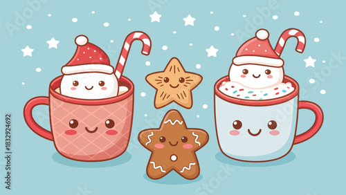Adorable holiday cheer with kawaii hot chocolate mugs and gingerbread star cookies for festive designs