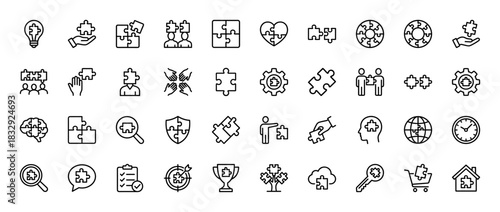 Puzzle and teamwork line icon set. Vector pictograms of solution, collaboration, gear, brain, hand, lightbulb, heart and logic game, thin linear illustration.
