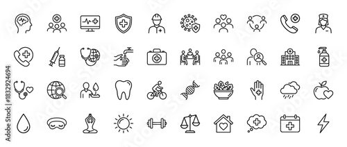 Healthcare and wellness line icon set. Vector pictograms of doctor, nurse, syringe, stethoscope, hospital, and health activities, thin linear illustration.