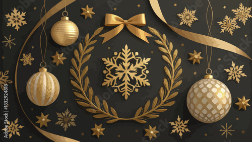Elegant holiday cheer with golden accents snowflakes and ornaments for festive seasonal celebrations