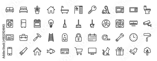 Home, housekeeping, and tools line icon set. Vector pictograms of furniture, appliances, maintenance, and pets, thin linear illustration.