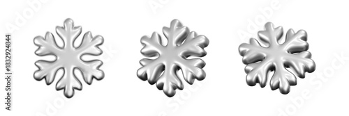 3D silver snowflakes with a glossy metallic surface, isolated on a dark background. Render of shiny chrome snowflakes, winter elements for Christmas and New Year design or decorations. 3D vector icon